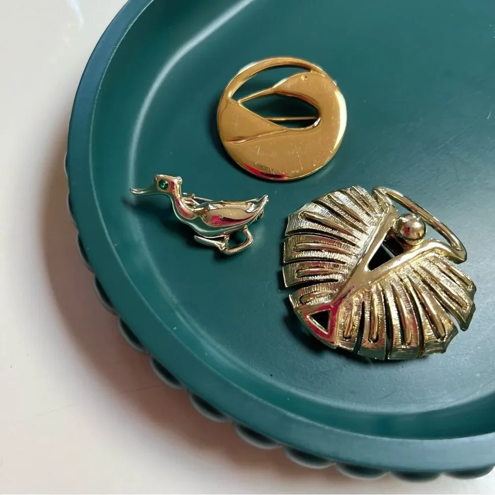 Vintage 3 Piece 1980s Gold Duck Loon Leaf Brooch Pin Lot